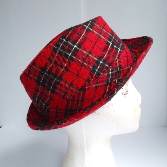 Red & Black Woven with Gold Thread Tartan Corduroy Porkpie Hat ~ Super Cute!! - Picture 2 of 9